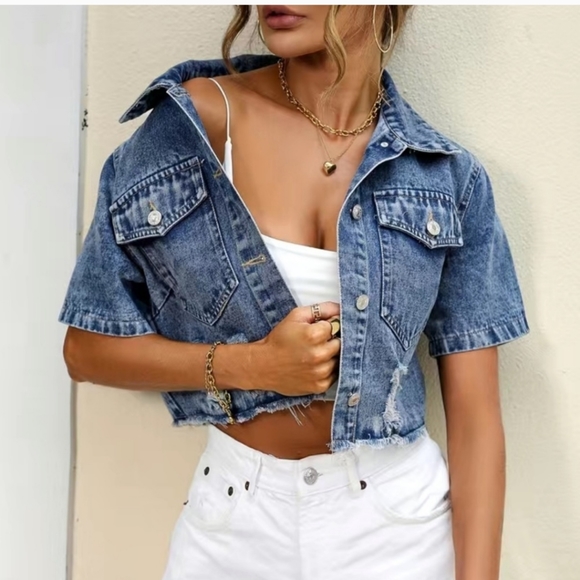 Blue Denim Ripped Jacket Crop✨️ - Picture 3 of 11